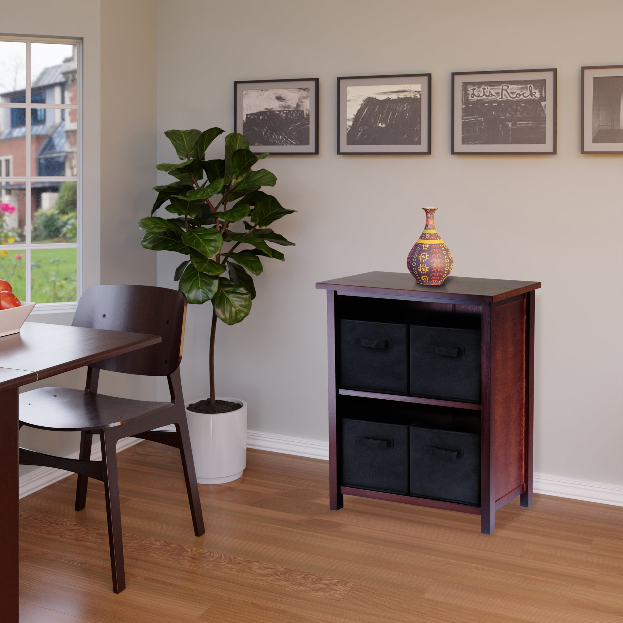 Verona 5-Pc Storage Shelf accompanied by 4 Foldable Fabric Baskets, in Walnut and Black