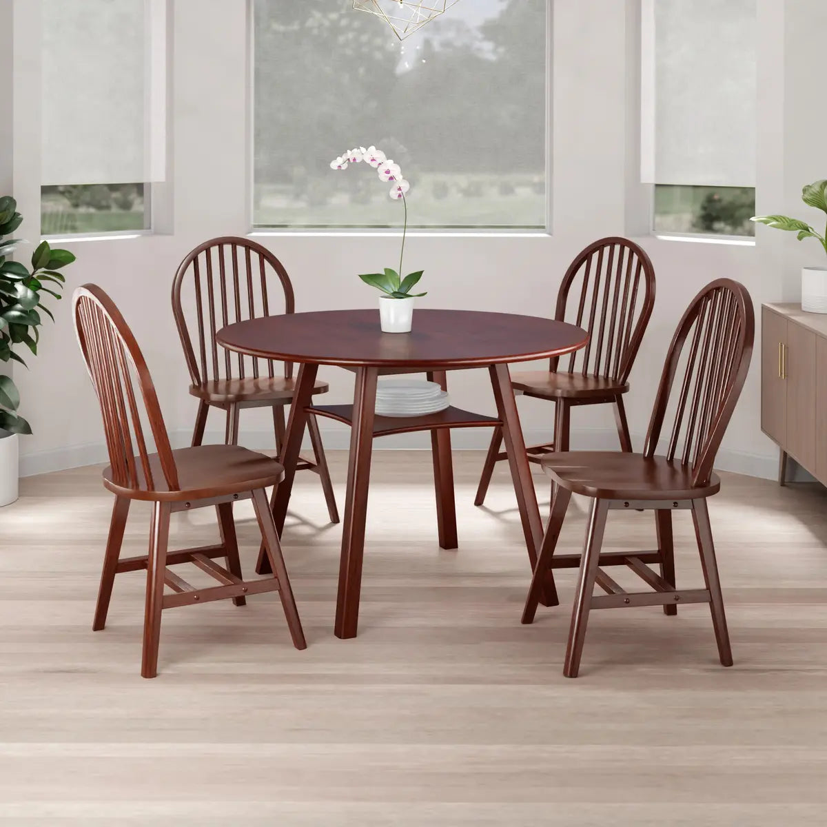 Marbelle 5-Pc Drop Leaf Dining Table with 4 Windsor Chairs, Walnut