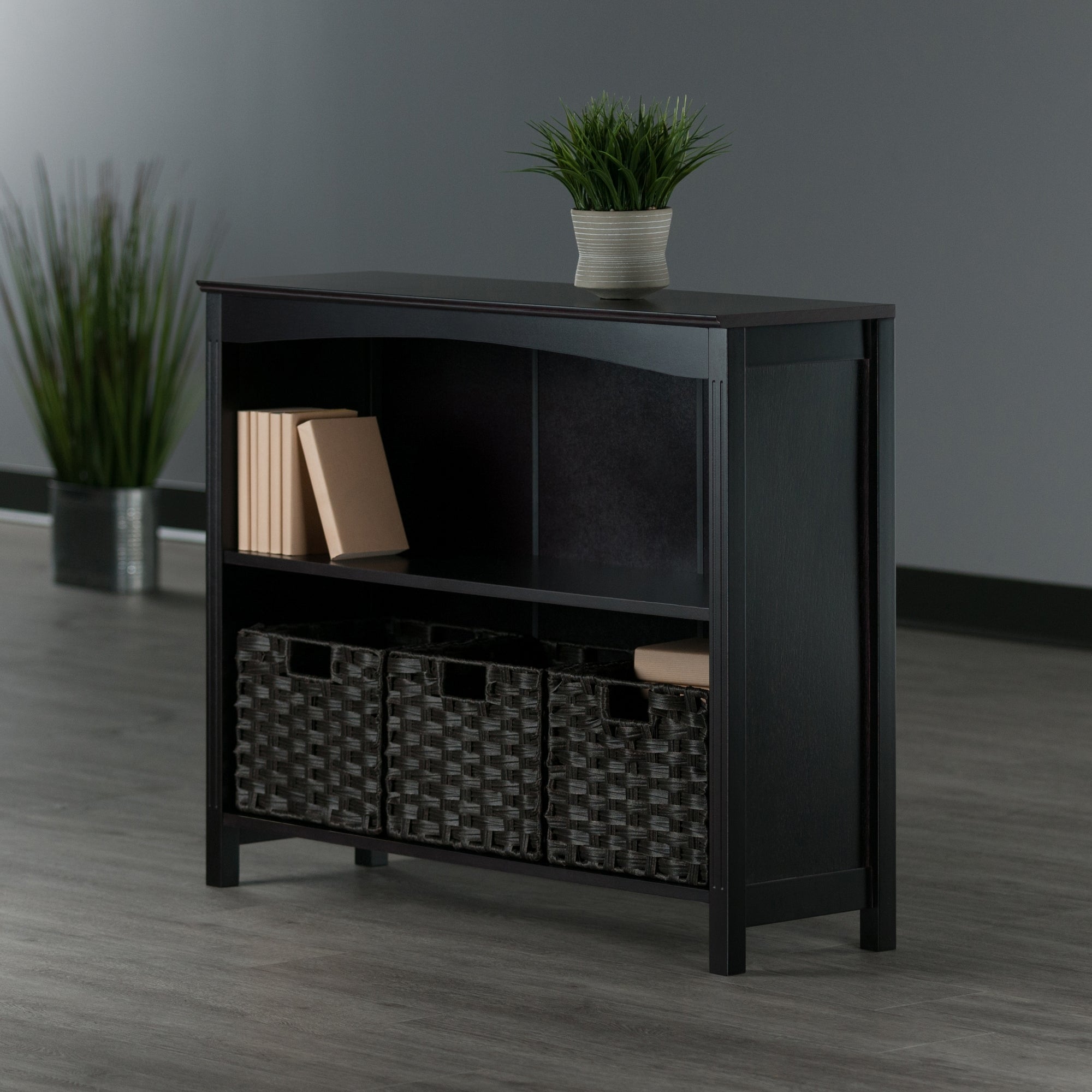 Terrace 4-Pc Storage Shelf accompanied by 3 Foldable Woven Baskets, in Walnut and Chocolate