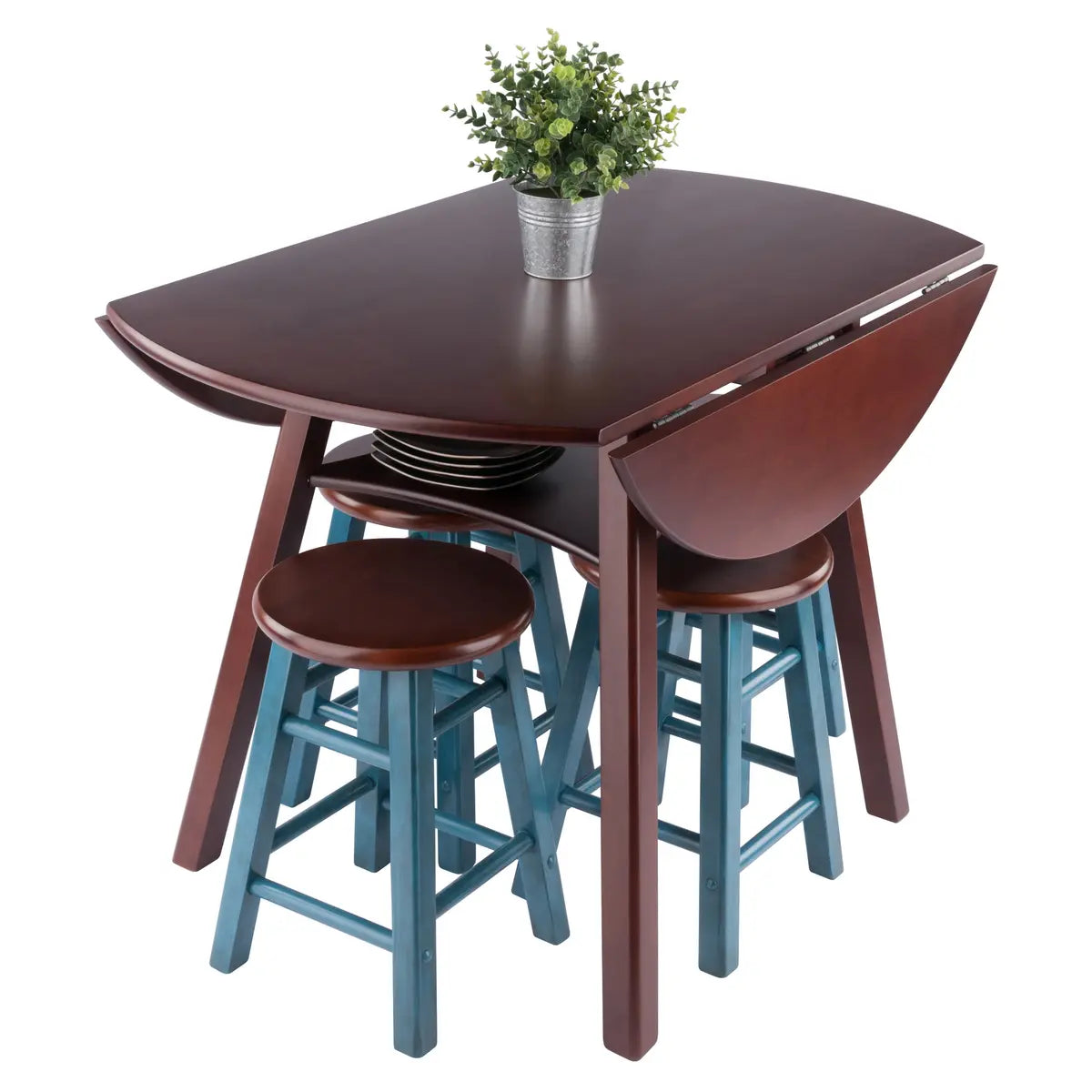 Marbelle Table 5-Pc Drop Leaf Dining Table, Walnut Finish, with 4 Element 18” Dining Stools, Walnut Rustic Teal Finish