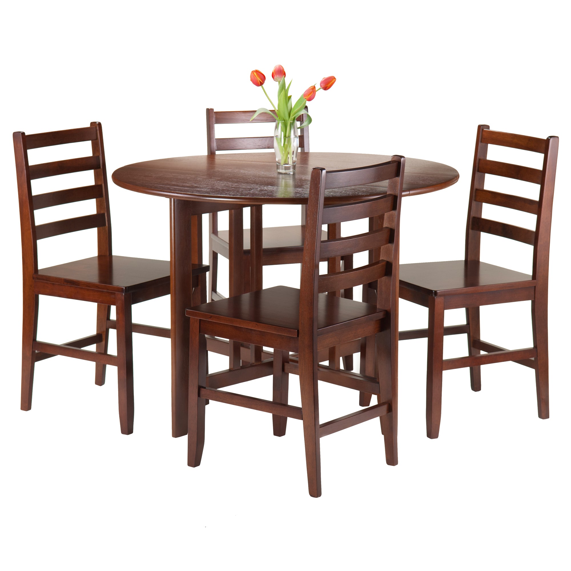 Alamo 5-Pc Round Drop Leaf Table with Ladder-back Chairs, in Walnut