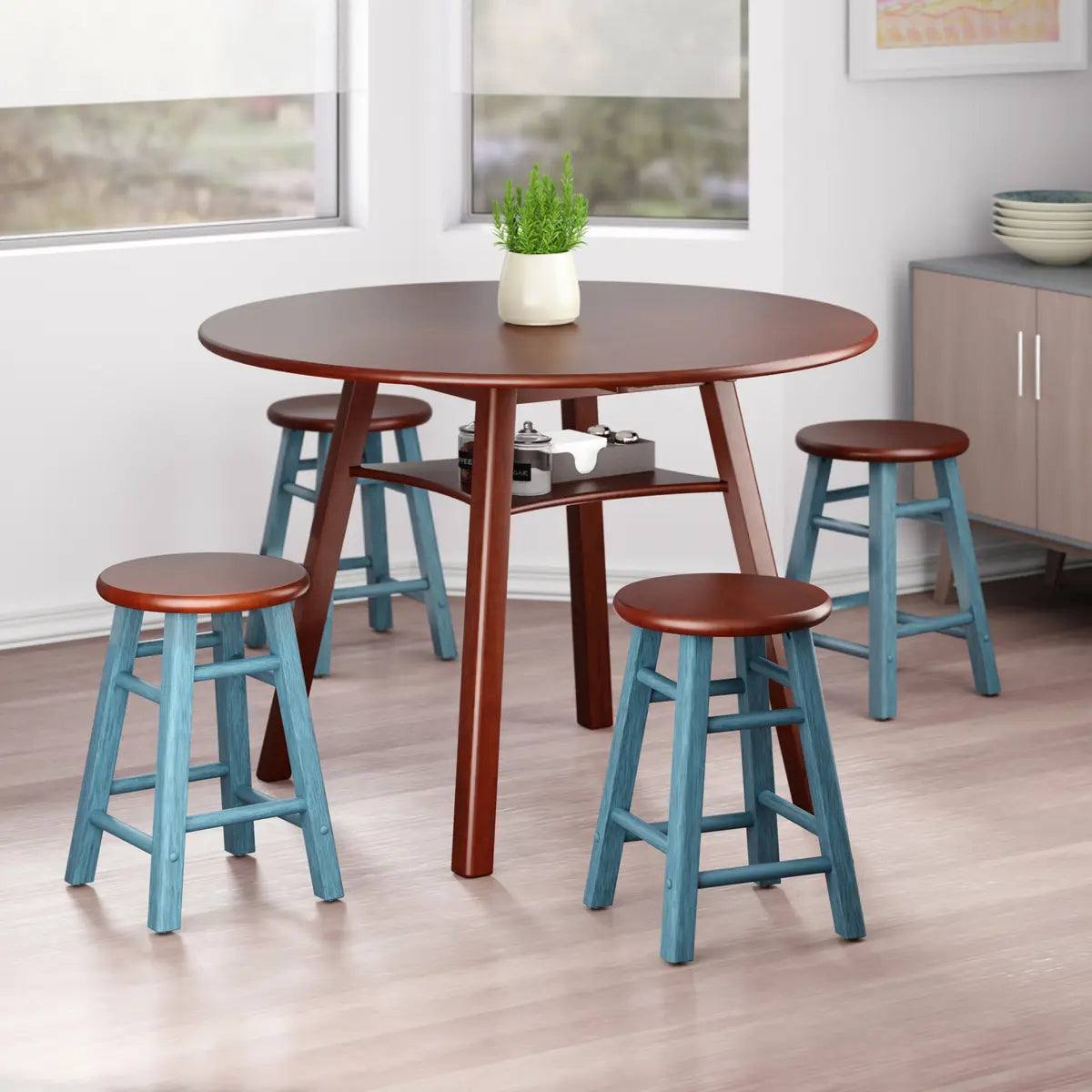 Marbelle Table 5-Pc Drop Leaf Dining Table, Walnut Finish, with 4 Element 18” Dining Stools, Walnut Rustic Teal Finish