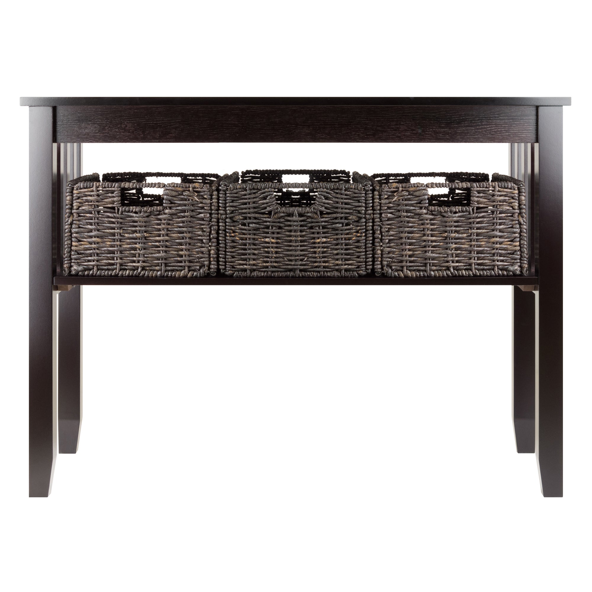Morris Console Table with 3 Foldable Corn Husk Baskets, Espresso and Chocolate