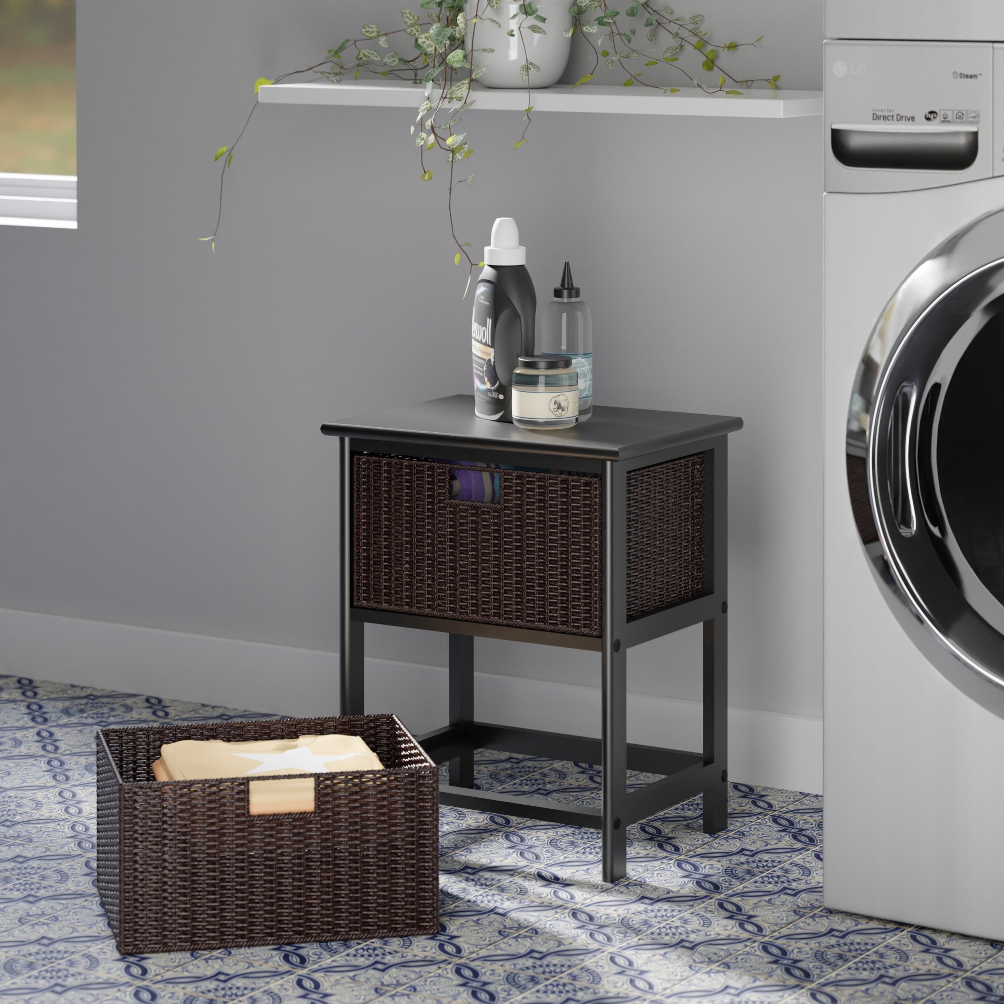 Omaha Storage Rack with 2 Foldable Corn Husk Baskets, Black and Chocolate