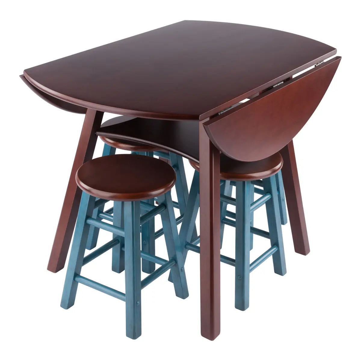 Marbelle Table 5-Pc Drop Leaf Dining Table, Walnut Finish, with 4 Element 18” Dining Stools, Walnut Rustic Teal Finish