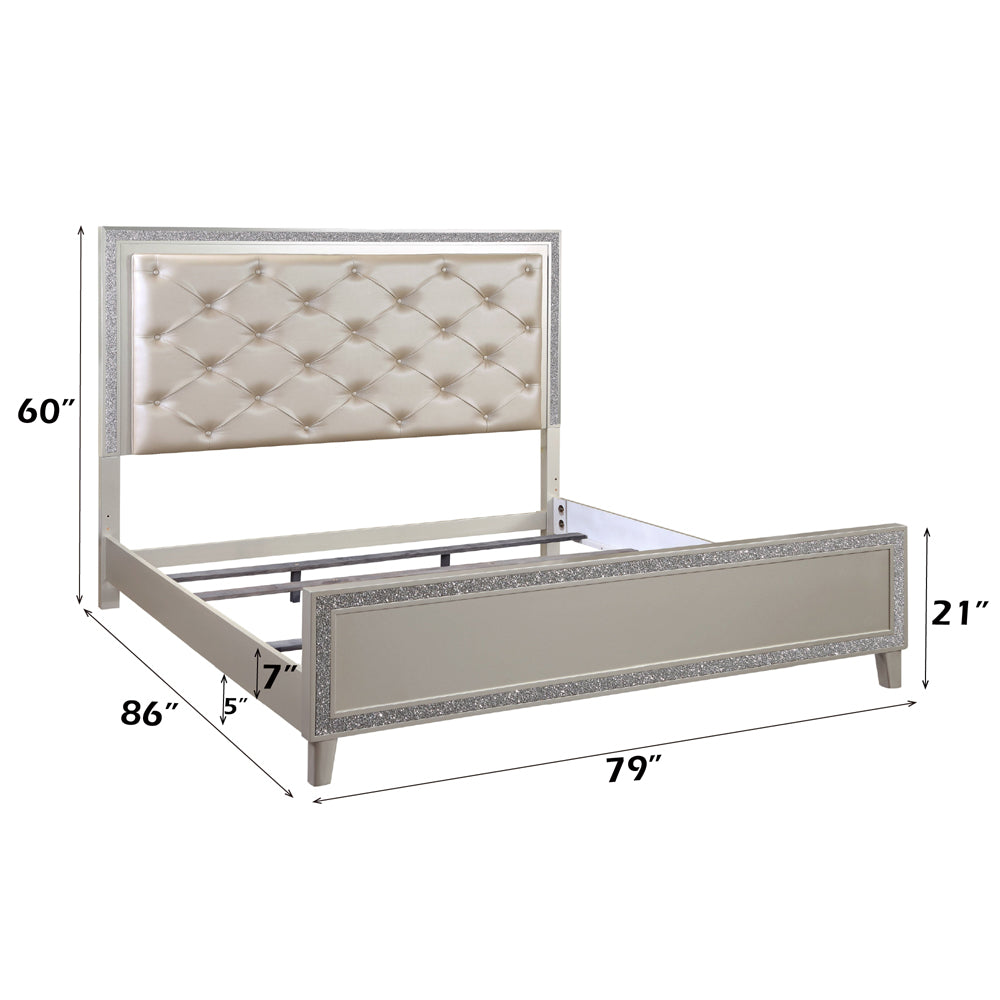 Vienna Sliverfluff King Bed – Champagne Leather, LED Lighting & Storage
