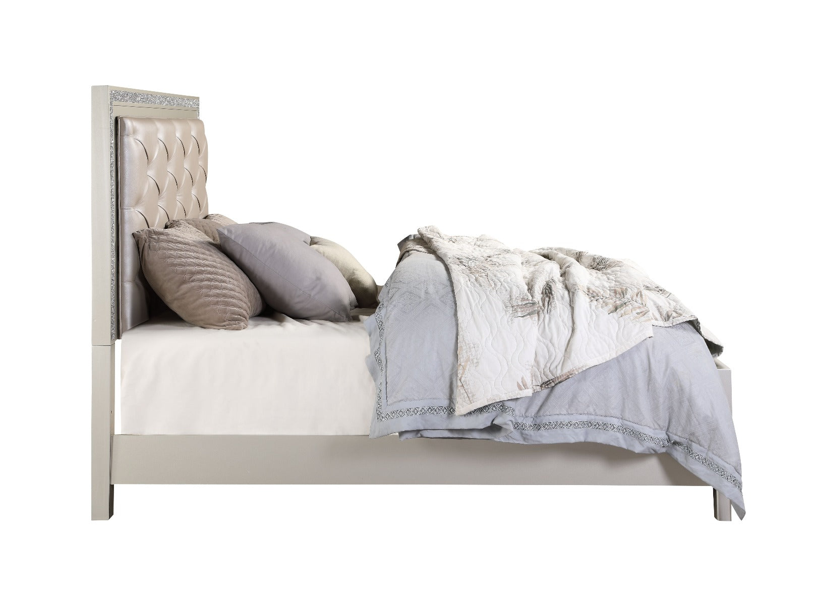 Vienna Sliverfluff King Bed – Champagne Leather, LED Lighting & Storage