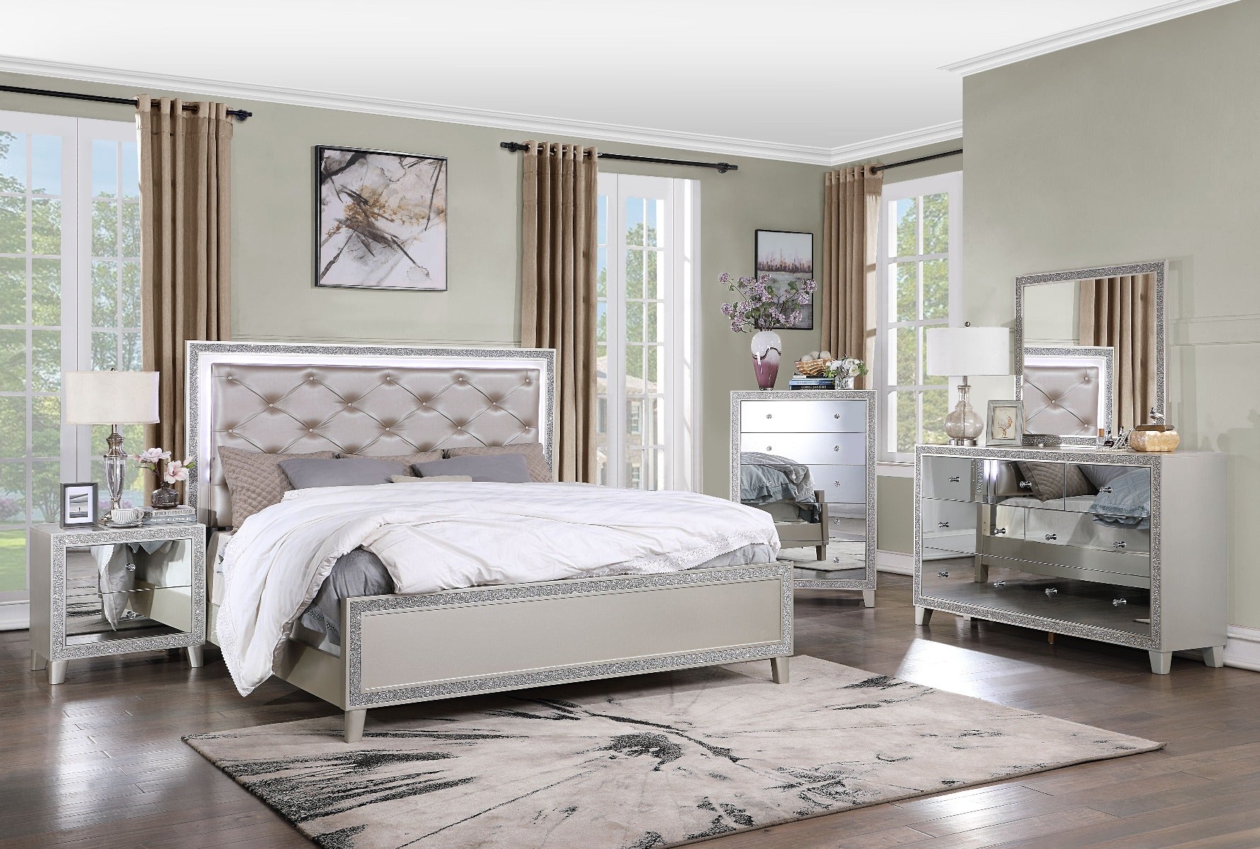 Vienna Sliverfluff King Bed – Champagne Leather, LED Lighting & Storage