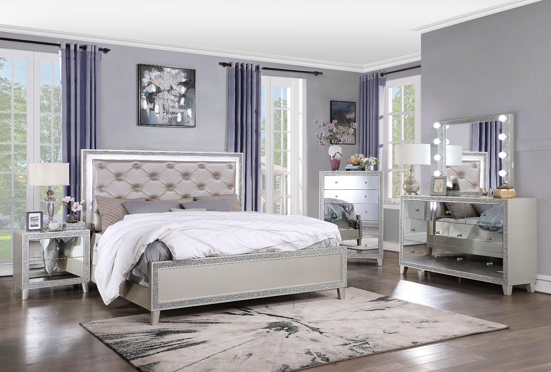 Vienna Sliverfluff King Bed – Champagne Leather, LED Lighting & Storage