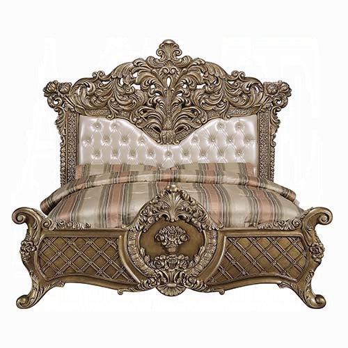 Constantine Eastern King Bed, Synthetic Leather, Light Gold, Brown & Gold Finish