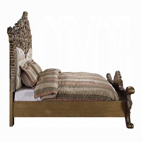 Constantine Eastern King Bed, Synthetic Leather, Light Gold, Brown & Gold Finish