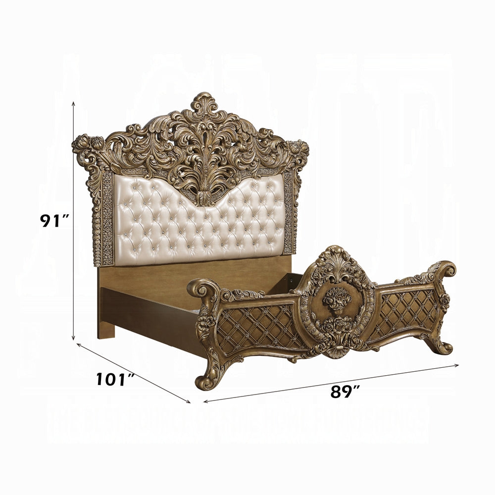 Constantine Eastern King Bed, Synthetic Leather, Light Gold, Brown & Gold Finish