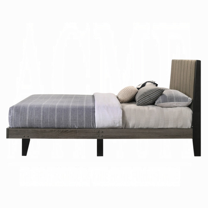 Valdemar Queen Bed, Brown Fabric & Weathered Gray Finish