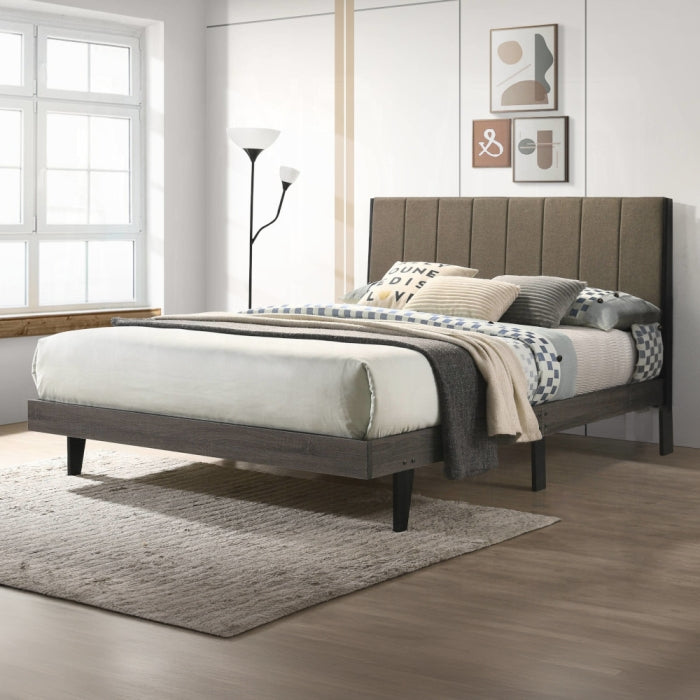 Valdemar Queen Bed, Brown Fabric & Weathered Gray Finish