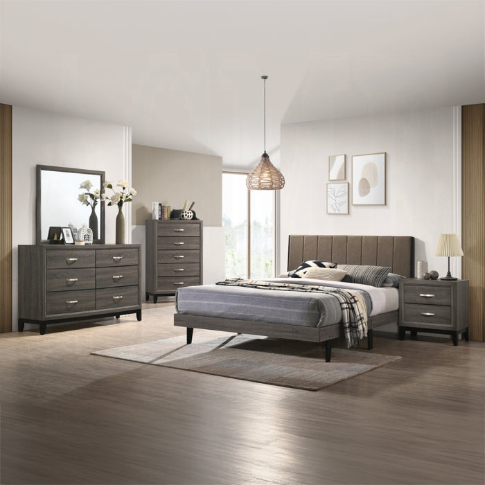 Valdemar Queen Bed, Brown Fabric & Weathered Gray Finish