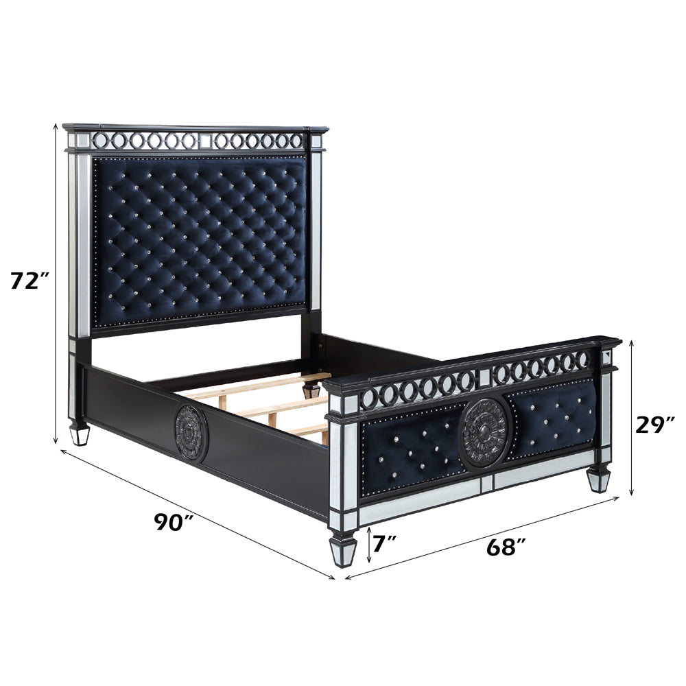 Klara Varian II Queen Dark Navy Velvet Bed –  Mirrored Trim & Silver Accents