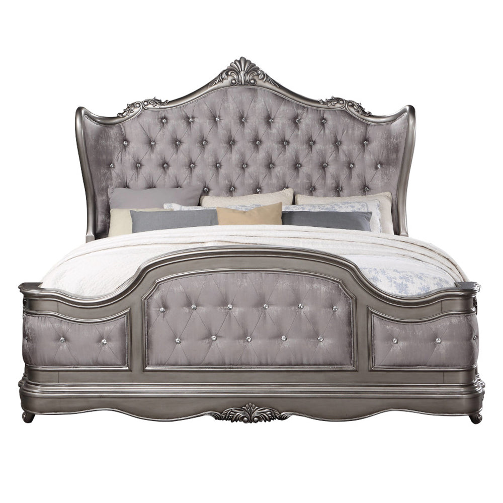 Ariadne Eastern King Bed, Velvet & Antique Platinum Finish