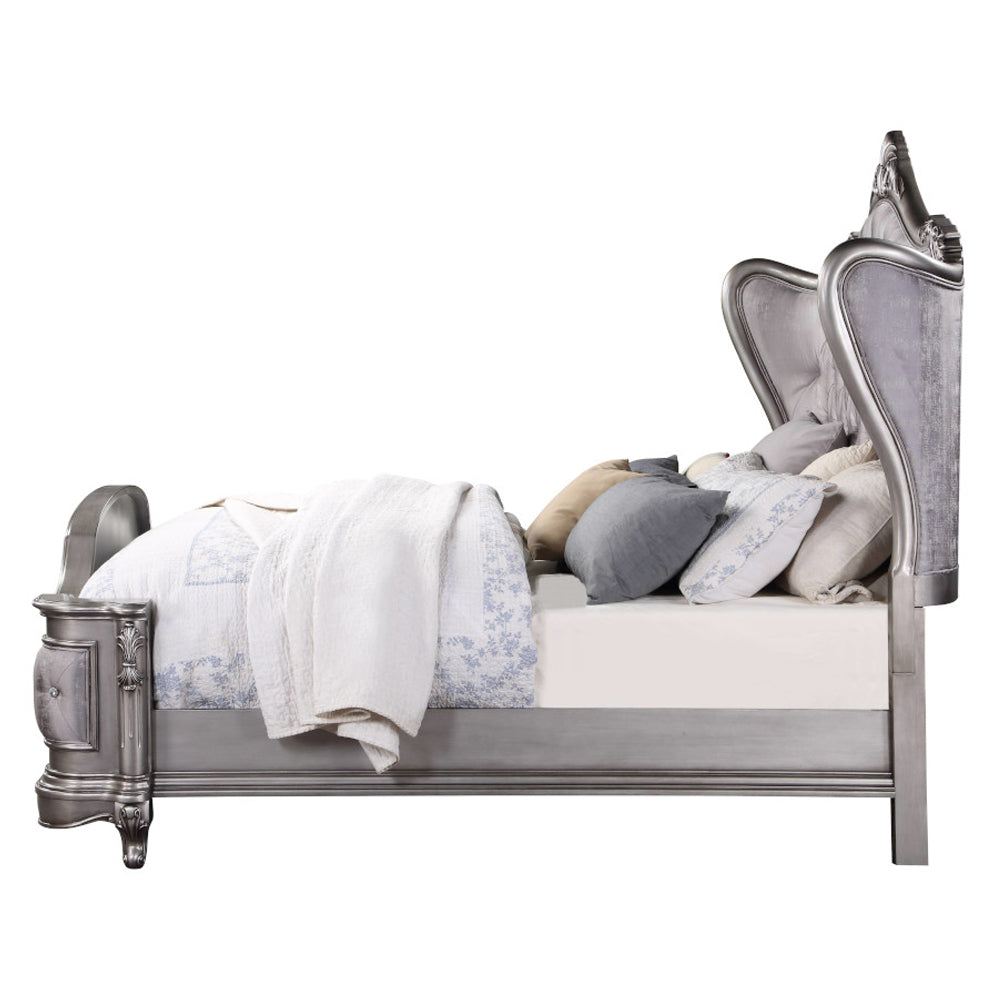Ariadne Eastern King Bed, Velvet & Antique Platinum Finish