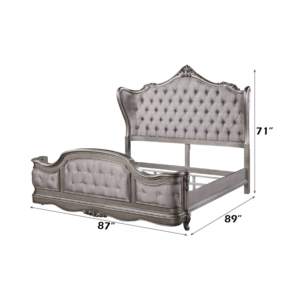Ariadne Eastern King Bed, Velvet & Antique Platinum Finish