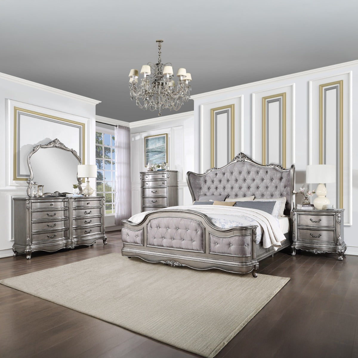 Ariadne Eastern King Bed, Velvet & Antique Platinum Finish