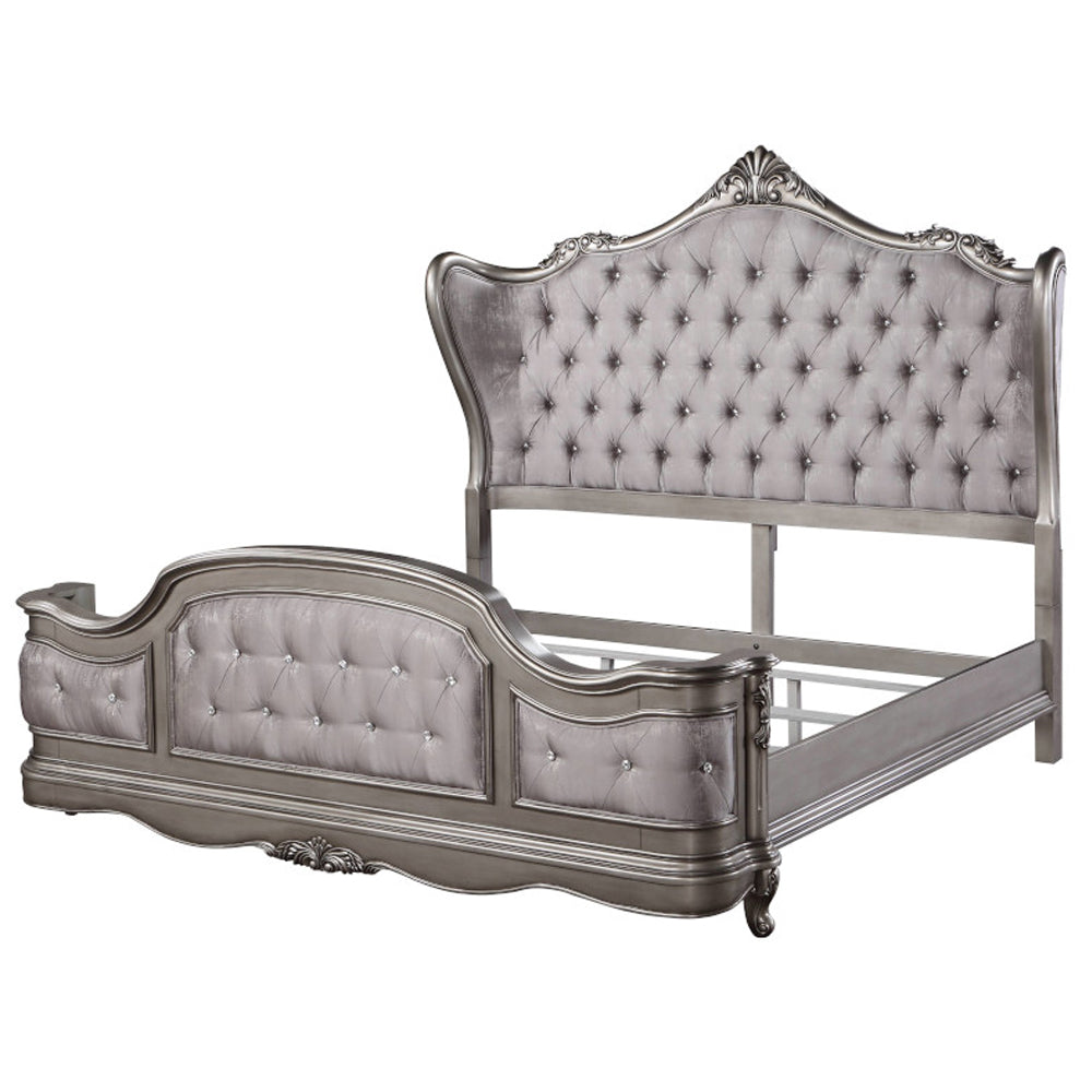 Scalera Queen Antique Platinum Velvet Platform Bed – Rococo Style Crystal Button Tufted Headboard