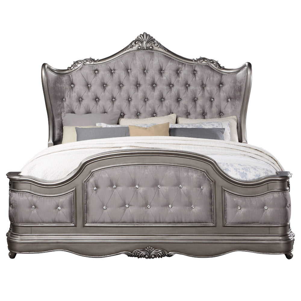 Scalera Queen Antique Platinum Velvet Platform Bed – Rococo Style Crystal Button Tufted Headboard
