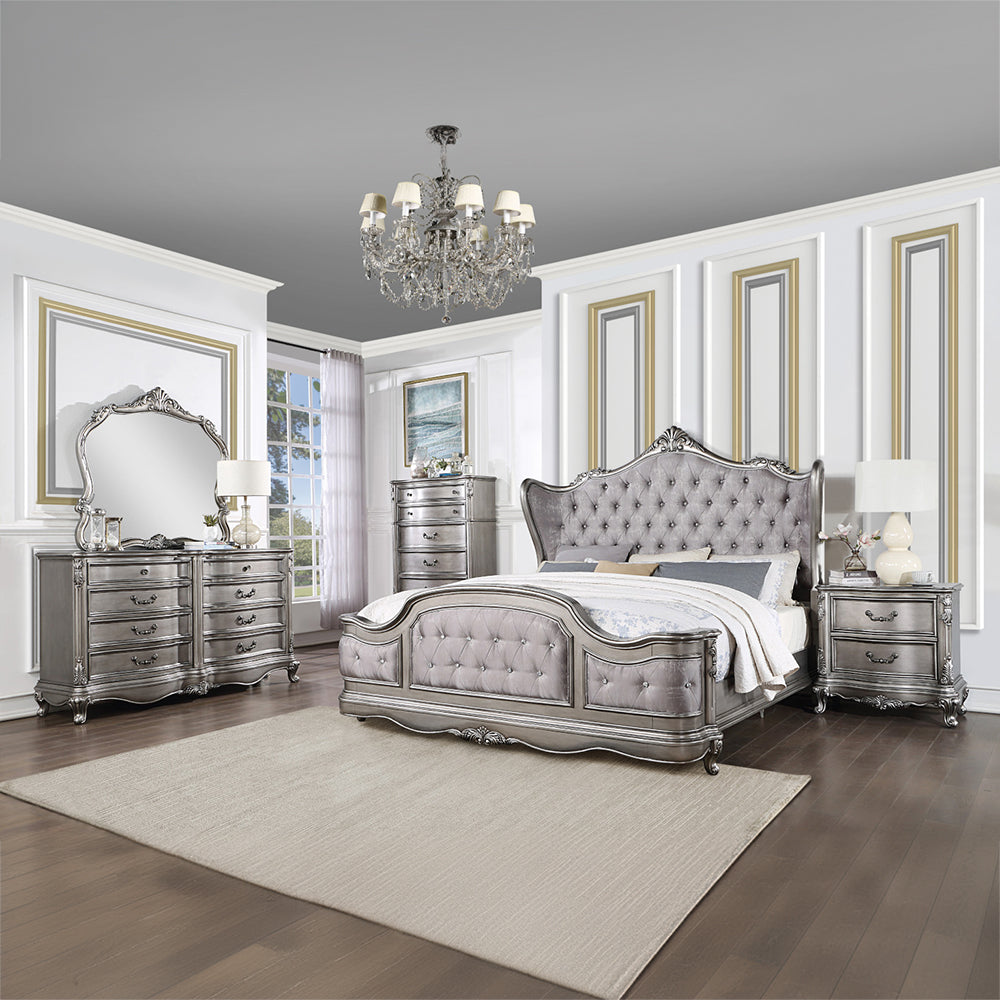 Scalera Queen Antique Platinum Velvet Platform Bed – Rococo Style Crystal Button Tufted Headboard