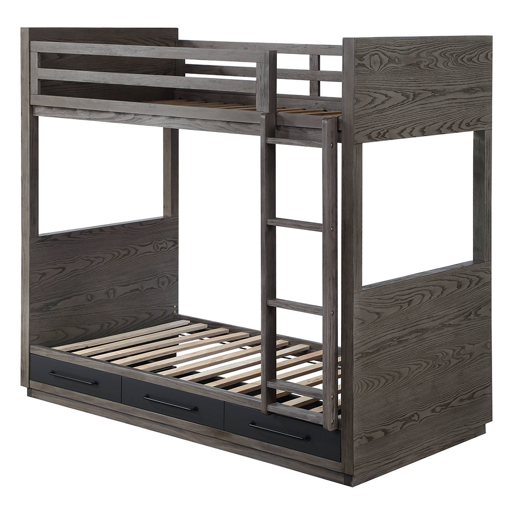 Corinne Estevon Twin/Twin Gray Oak Bunk Bed  Space-Saving Storage & Safety Ladder