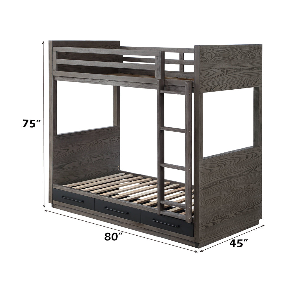 Corinne Estevon Twin/Twin Gray Oak Bunk Bed  Space-Saving Storage & Safety Ladder