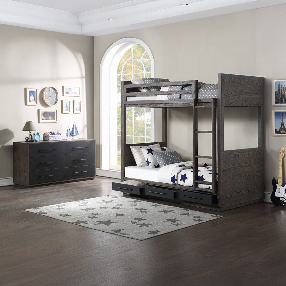 Estevon Bunk Bed (T/T) w/Storage, Gray Oak Finish