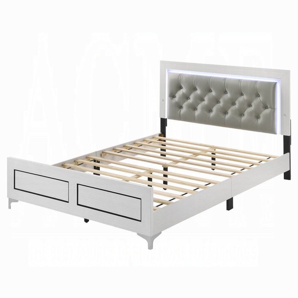 Casilda Queen Bed w/LED, Gray Synthetic Leather & White Finish