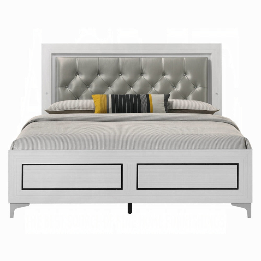 Casilda Queen Bed w/LED, Gray Synthetic Leather & White Finish