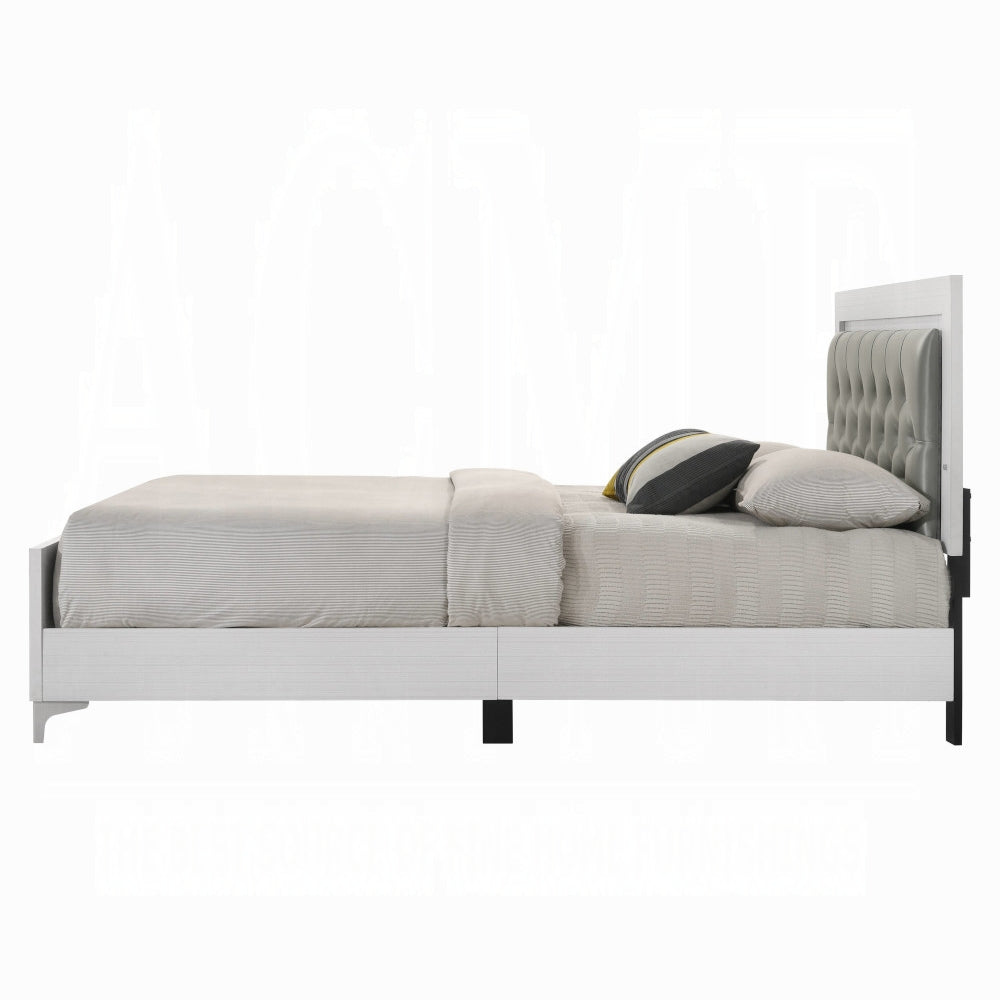 Casilda Queen Bed w/LED, Gray Synthetic Leather & White Finish