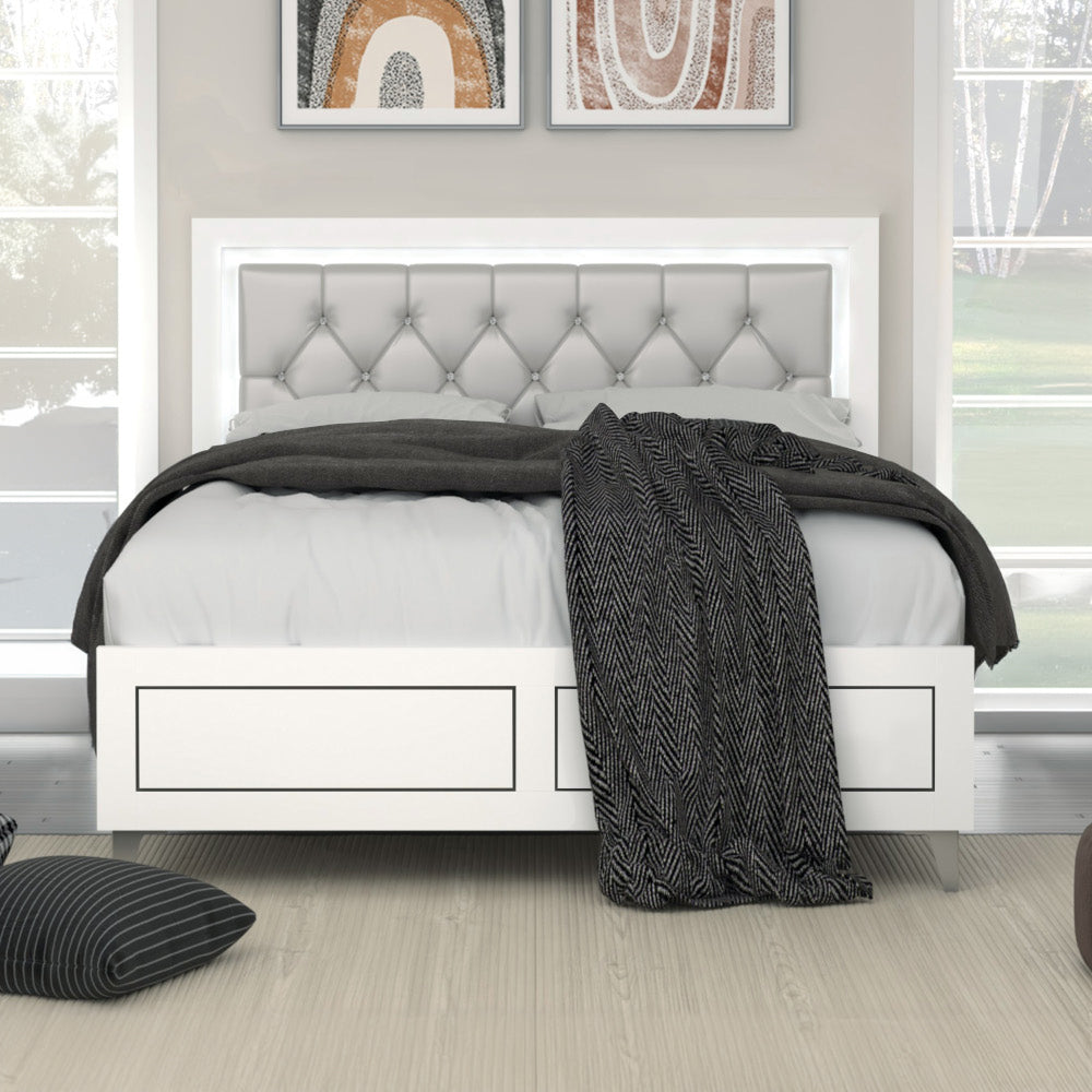 Syura Casilda Queen Gray Synthetic Leather Bed  Modern White Finish w/ LED Lighting
