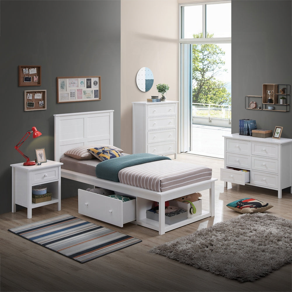 Kenji Iolanda Twin White Storage Platform Bed – Space-Saving Design with 2 Drawers & Open Footboard Storage