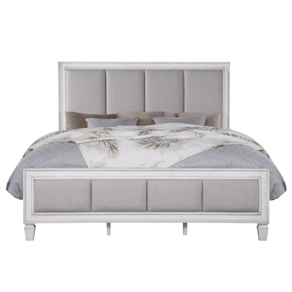 Katia Eastern King Bed, Light Gray Linen, Rustic Gray & Weathered White Finish