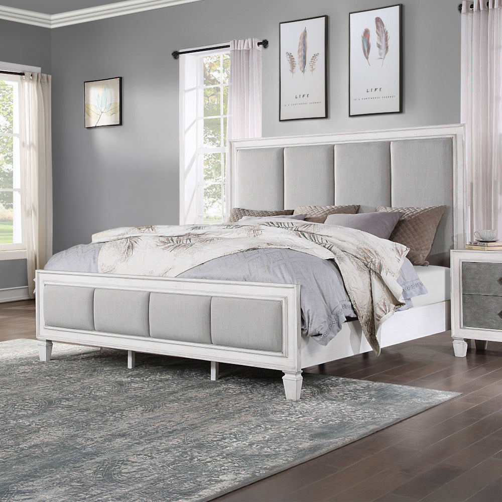 Katia Queen Bed, Light Gray Linen, Rustic Gray & Weathered White Finish