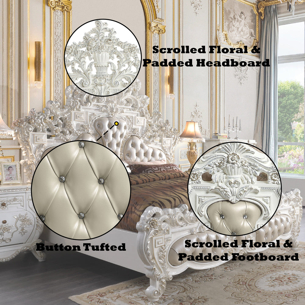 Vanaheim Eastern King Bed, Beige Synthetic Leather & Antique White Finish