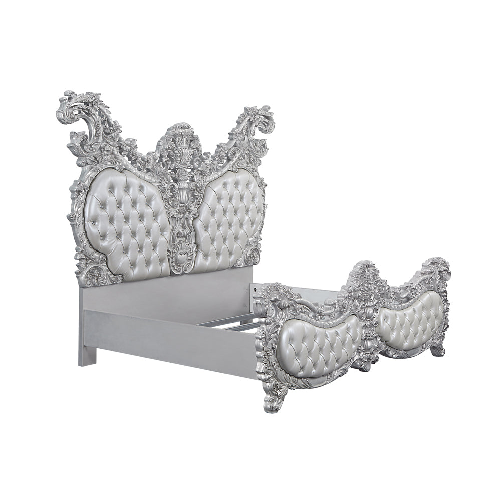 Valkyrie Eastern King Bed, Synthetic Leather, Antique Platinum Finish