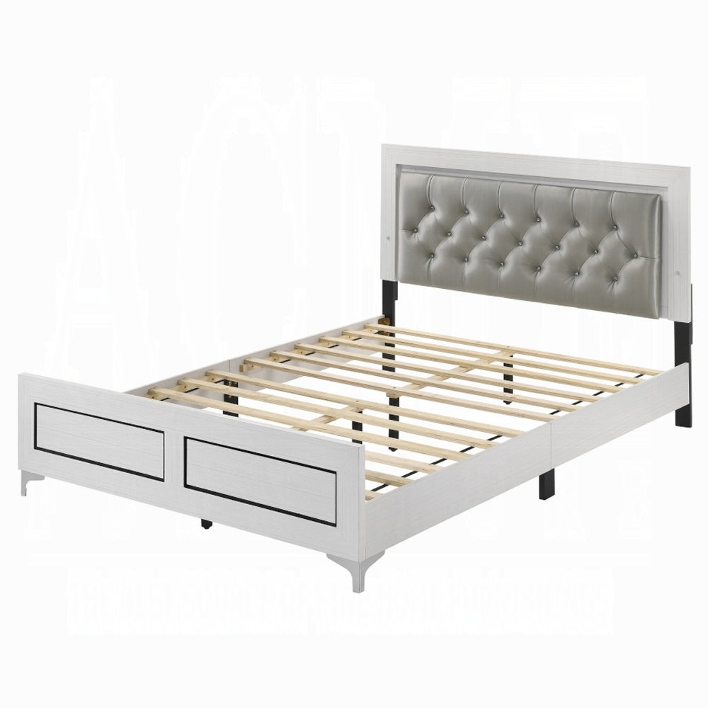 Casilda Eastern King Bed w/LED, Gray Synthetic Leather & White Finish