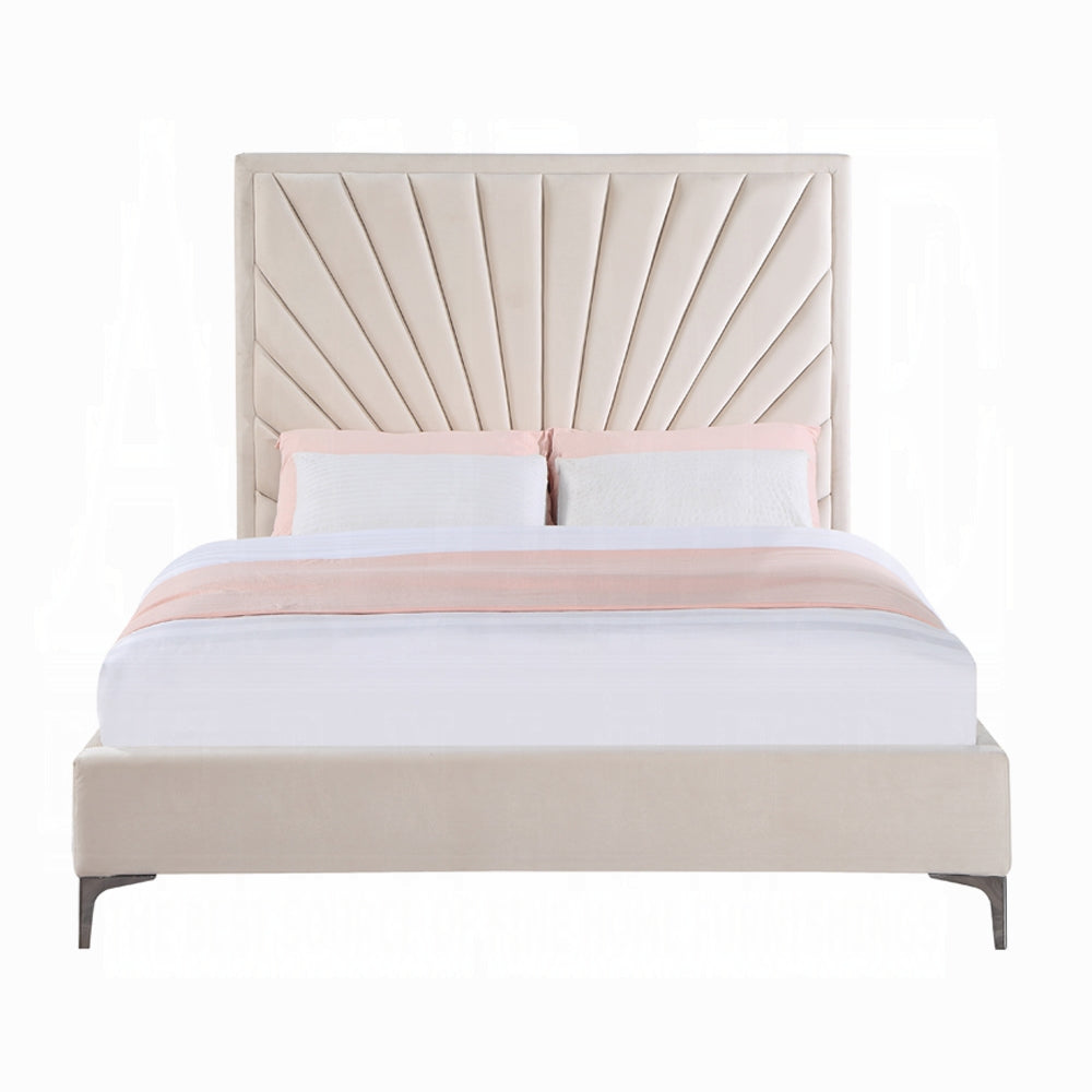 Faiz Eastern King Bed, Beige Velvet