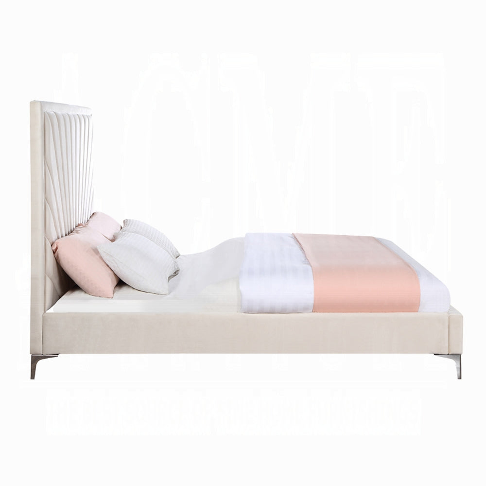 Faiz Eastern King Bed, Beige Velvet