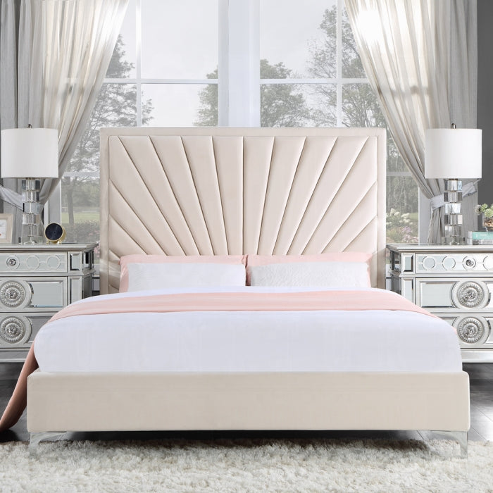 Faiz Queen Bed, Beige Velvet