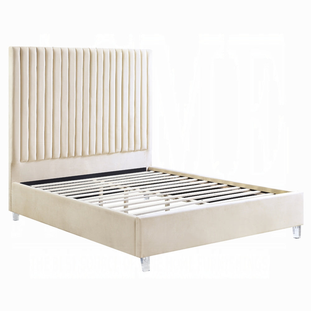 Edzia Eastern King Bed, Beige Velvet