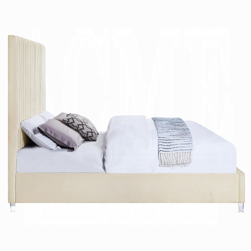 Edzia Eastern King Bed, Beige Velvet