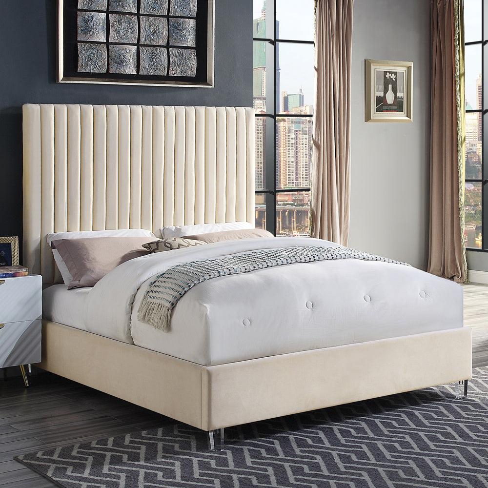 Prism Edzia Collection Queen Bed in Beige Velvet  Modern Tufted Upholstered Design