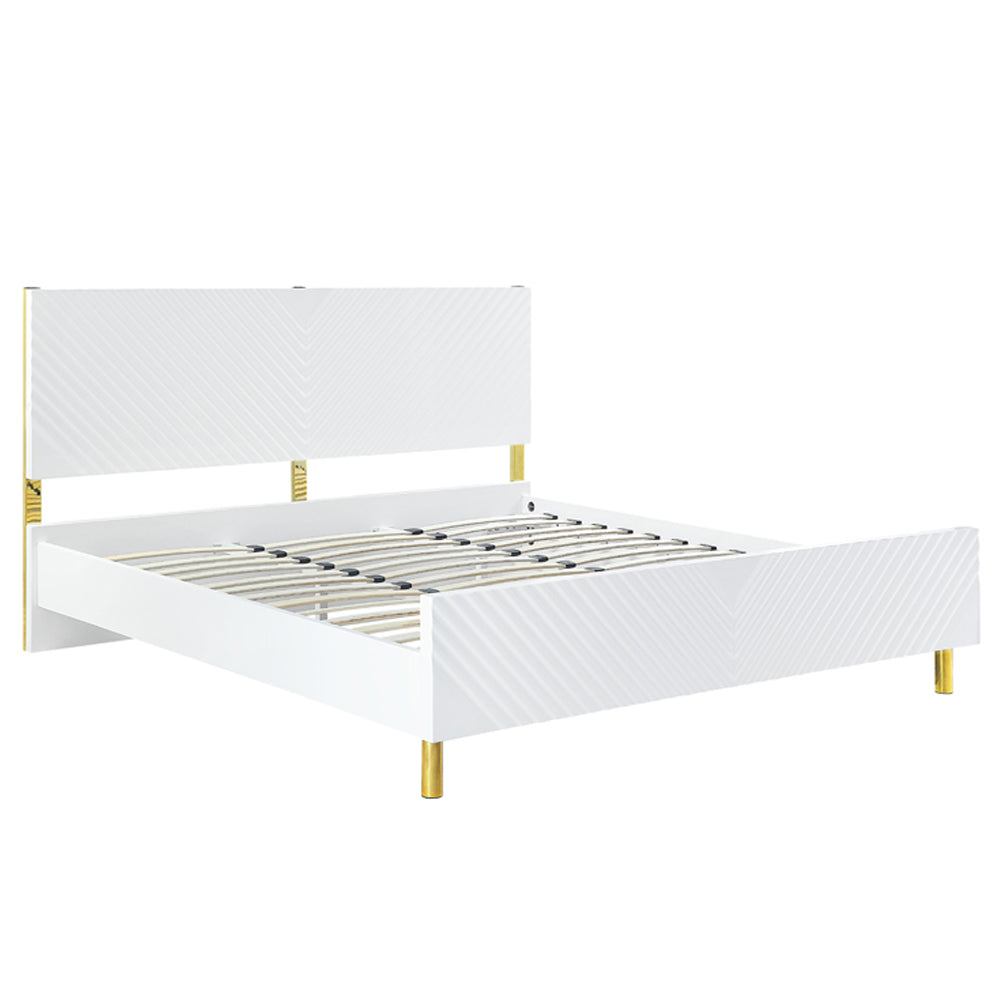 Reese Gaines Eastern King White Wood Panel Bed Design with Wave Pattern and Metal Accents