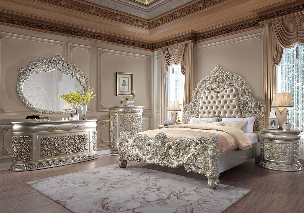 Sorina Eastern King Bed, Synthetic Leather & Antique Gold Finish