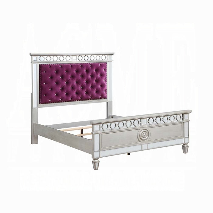 Varian Twin Bed, Burgundy Velvet, Silver & Mirrored Finish