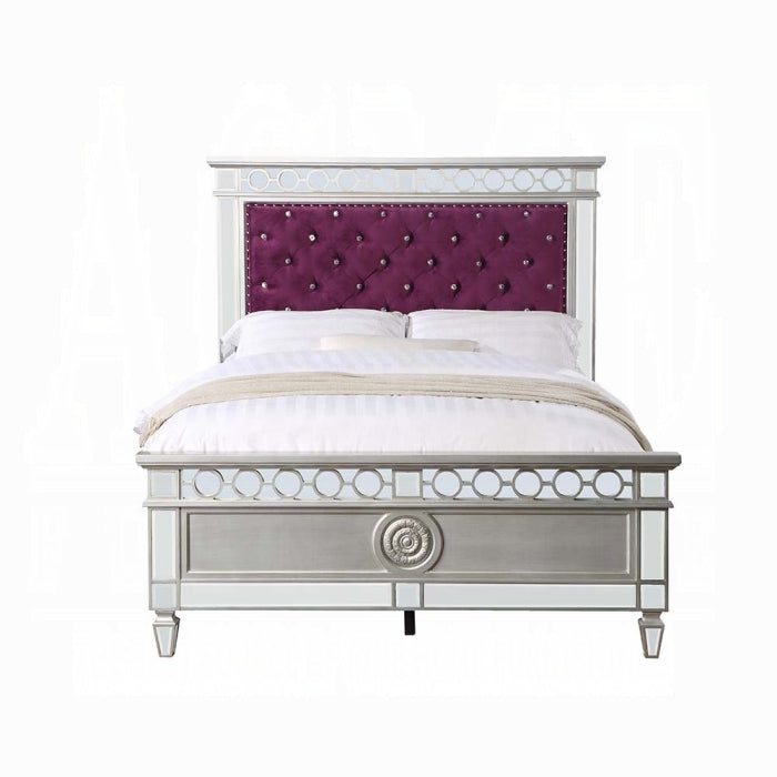 Varian Twin Bed, Burgundy Velvet, Silver & Mirrored Finish